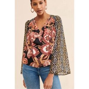 Free People Aleena Printed Blouse Size Medium Mixed Print Flowy Bohemian Sheer